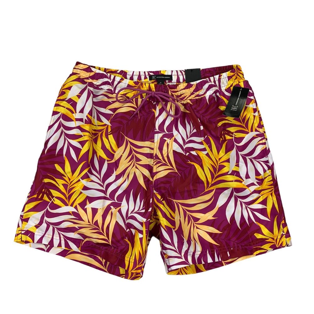 INC Mens Palm Leaves Mesh-Lined Quick-Dry 5" Swim Trunks Purple Yellow M